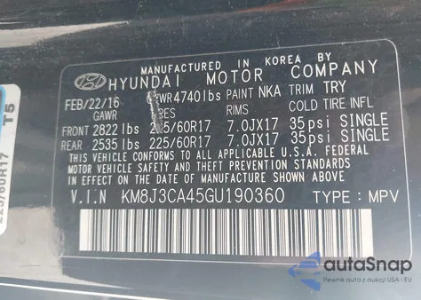 2016 Hyundai Tucson Se from USA, damaged, VIN KM8J3CA45GU190360